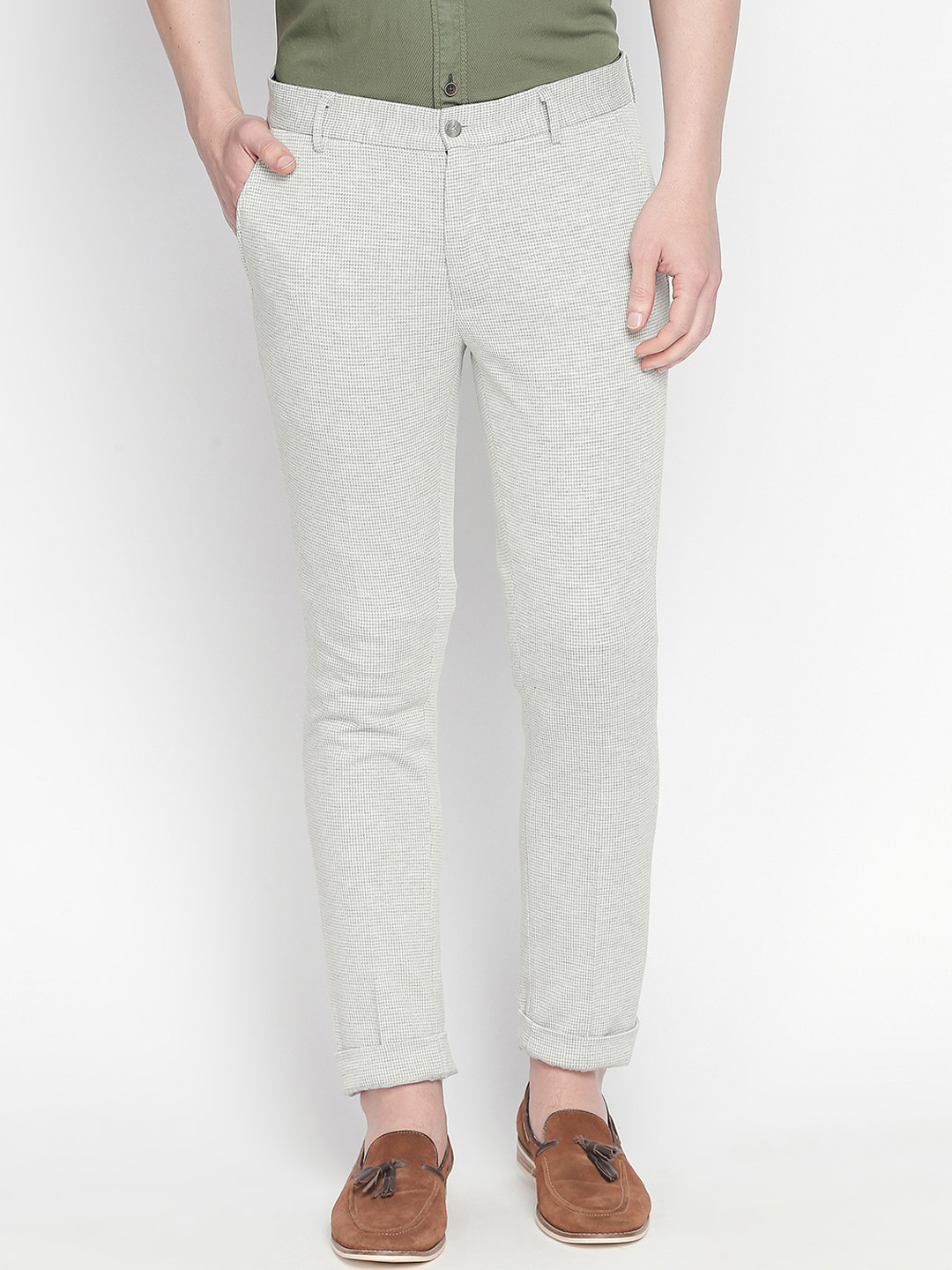 Basics Men Grey Tapered Fit Self Design Regular Trousers