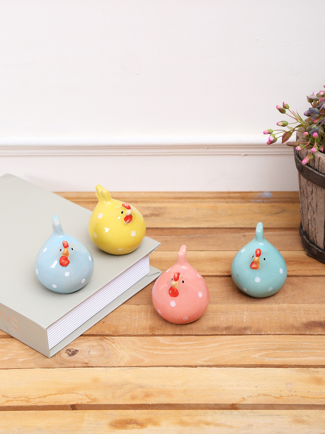 TAYHAA Chicken Multicoloured Ceramic Natural Living Room Set of 4 Medium Showpieces - 2.4 Inches
