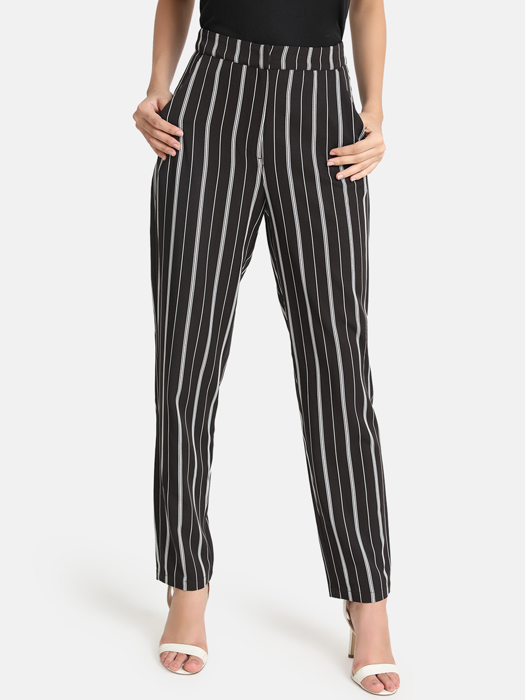 Kazo Women Black & White Regular Fit Striped Peg Trousers