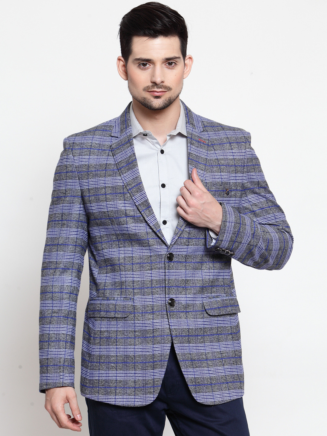 LUXURAZI Men Blue & Grey Checked Slim Fit Single-Breasted Blazer