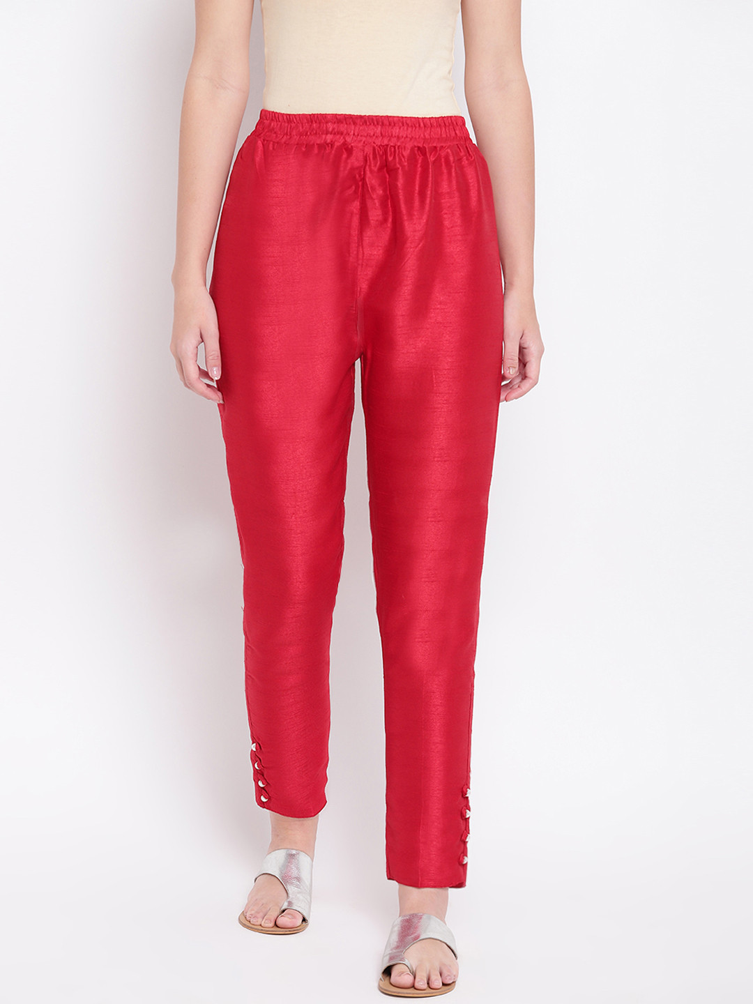 RIVI Women Red Relaxed Fit Solid Regular Trousers
