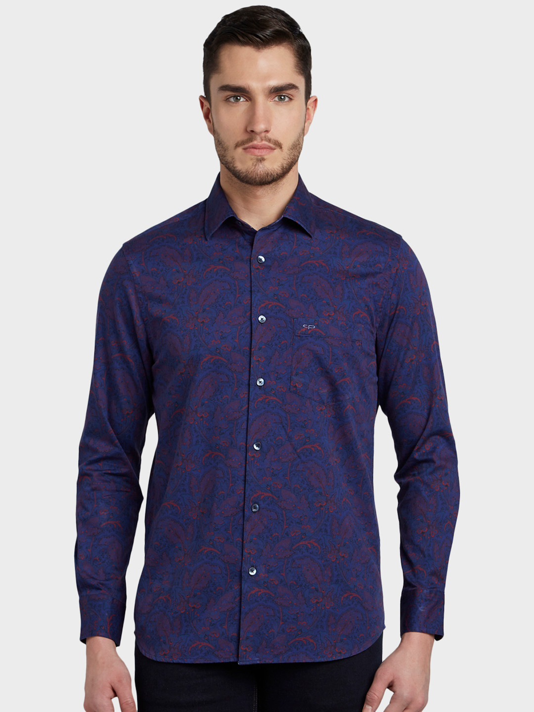 ColorPlus Men Blue & Maroon Tailored Fit Printed Casual Shirt
