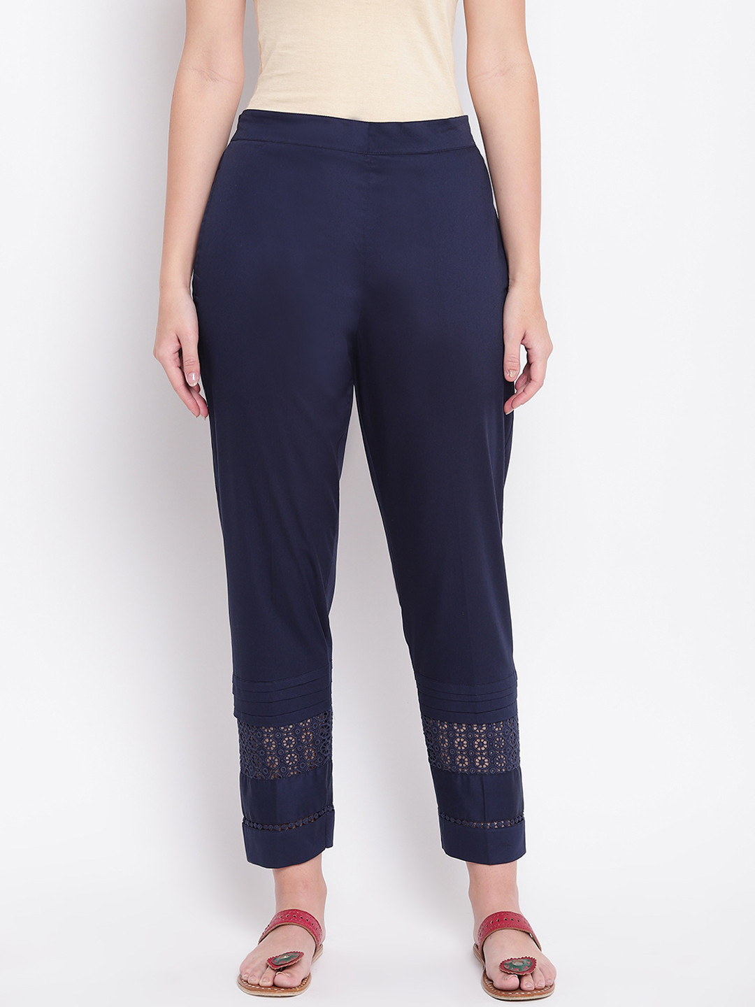 RIVI Women Navy Blue Relaxed Fit Solid Regular Trousers with Lace Inserts