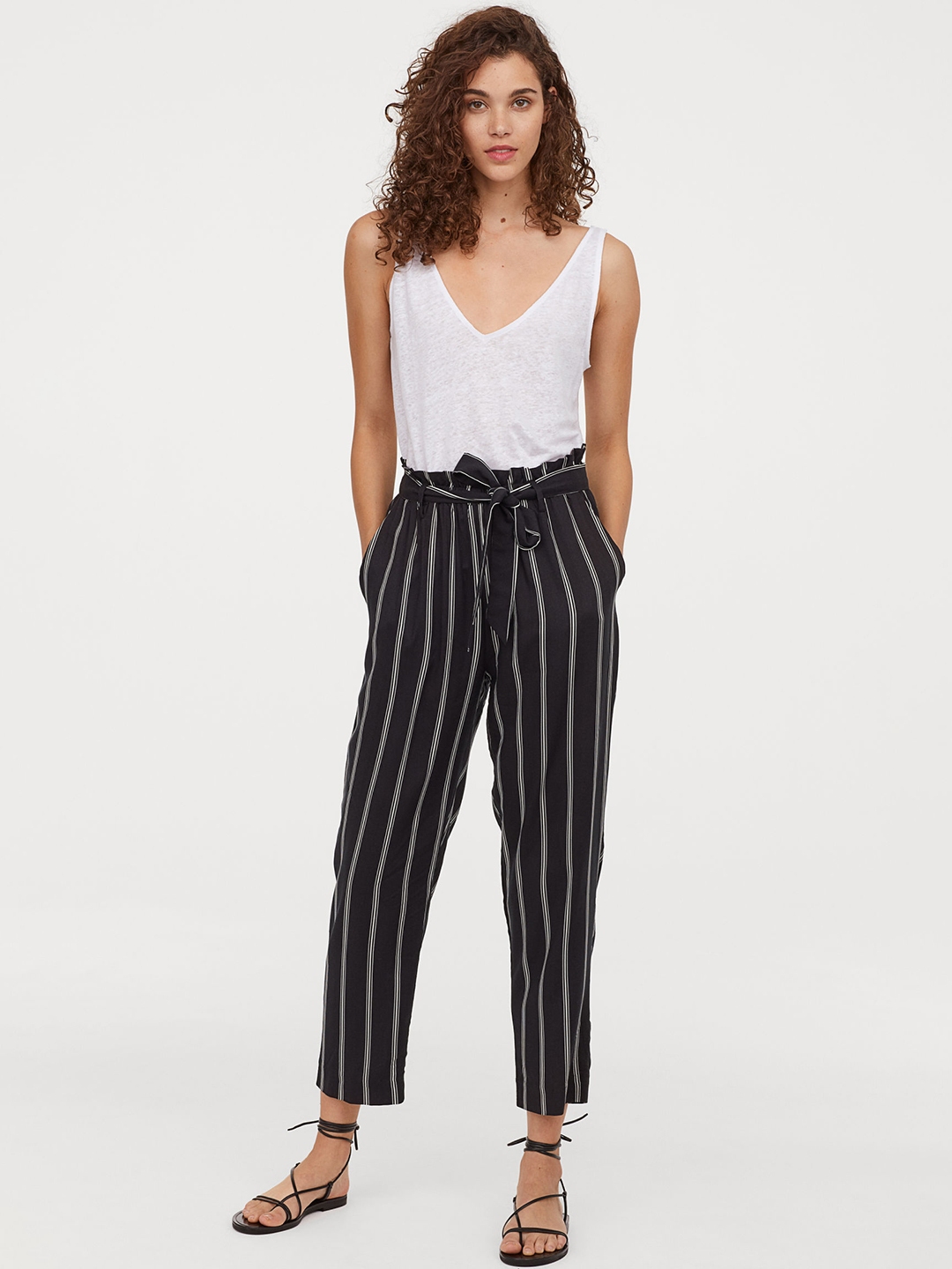 White Striped Wide Leg Paperbag Trousers  In The Style