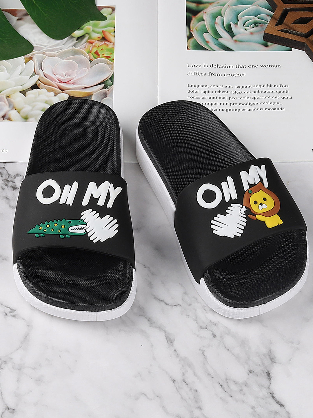 Buy Walktrendy Kids Black Printed Sliders Flip Flops for Unisex