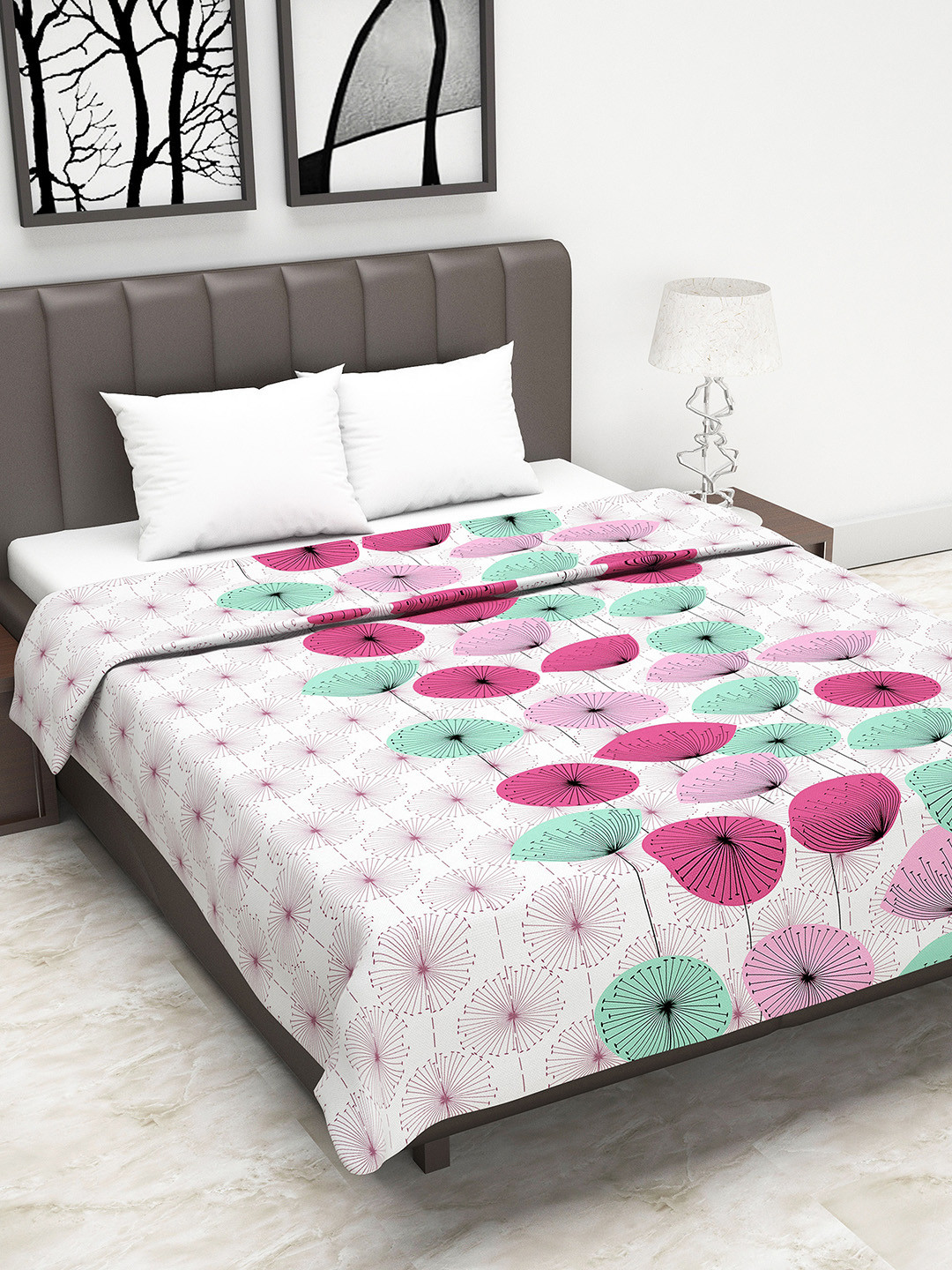 Divine Casa Off-White & Pink Floral AC Room 110 GSM Double Bed Dohar
