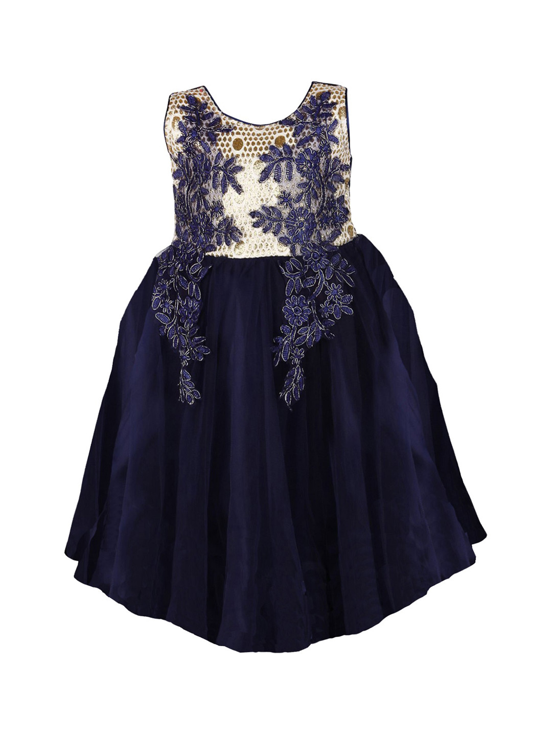 Wish Karo Girls Navy Blue & Cream-Coloured Self-Design Fit and Flare Dress
