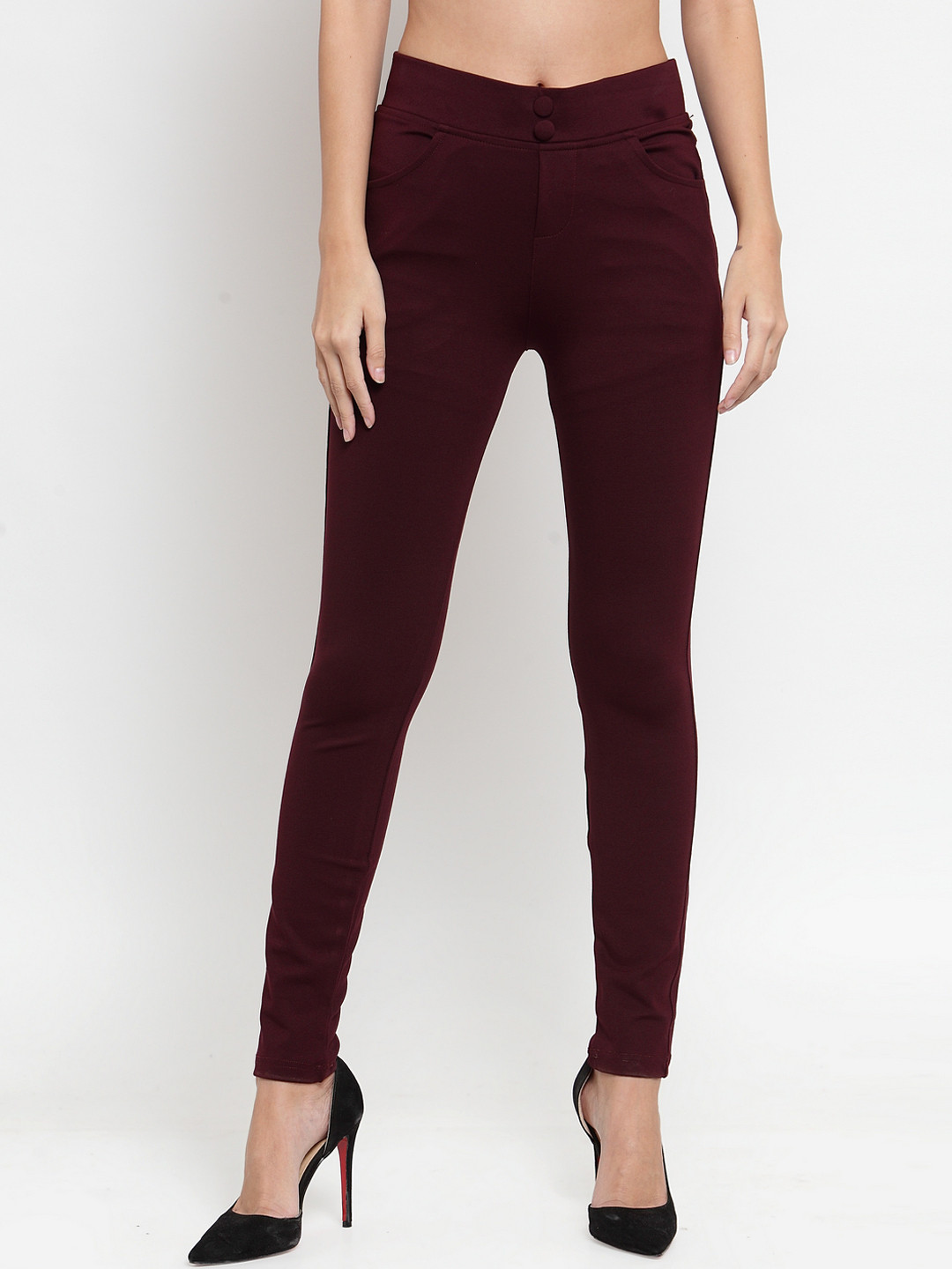 Clora Creation Women Burgundy Solid Regular-Fit Jeggings