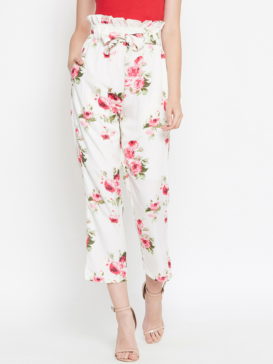 PURYS Women Off-White Smart Tapered Fit Printed Cropped Peg Trousers