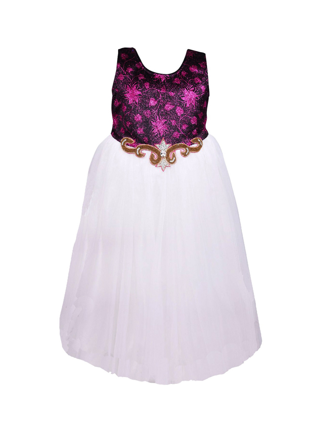 Wish Karo Girls White & Purple Floral Embellished Fit and Flare Dress