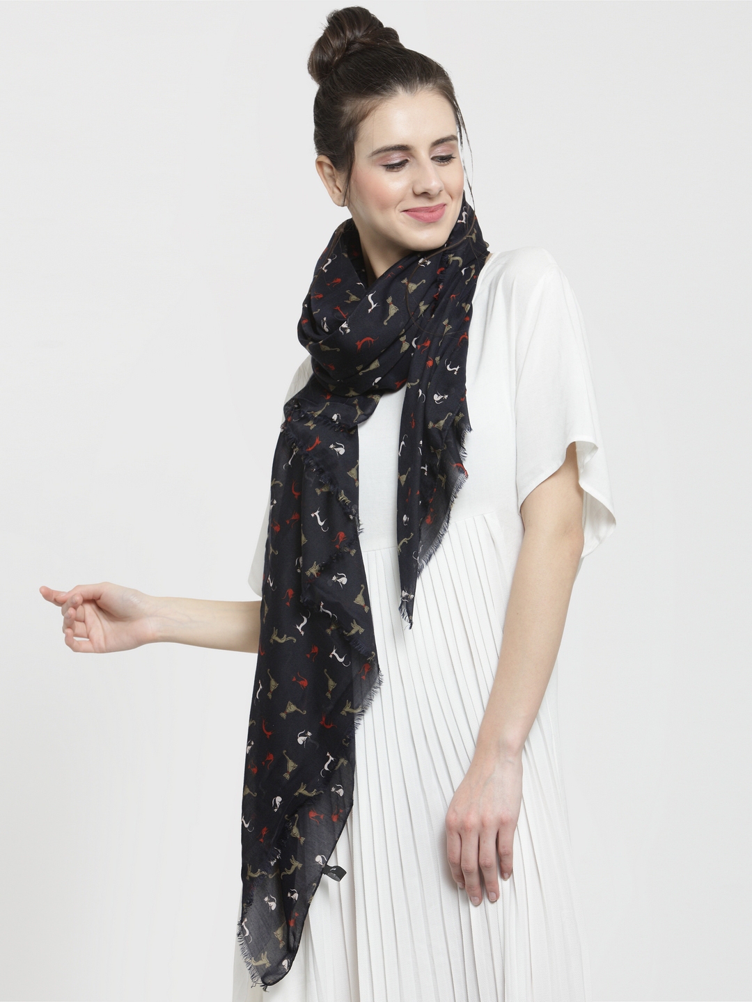 J Style Women Black Golden Printed Stole