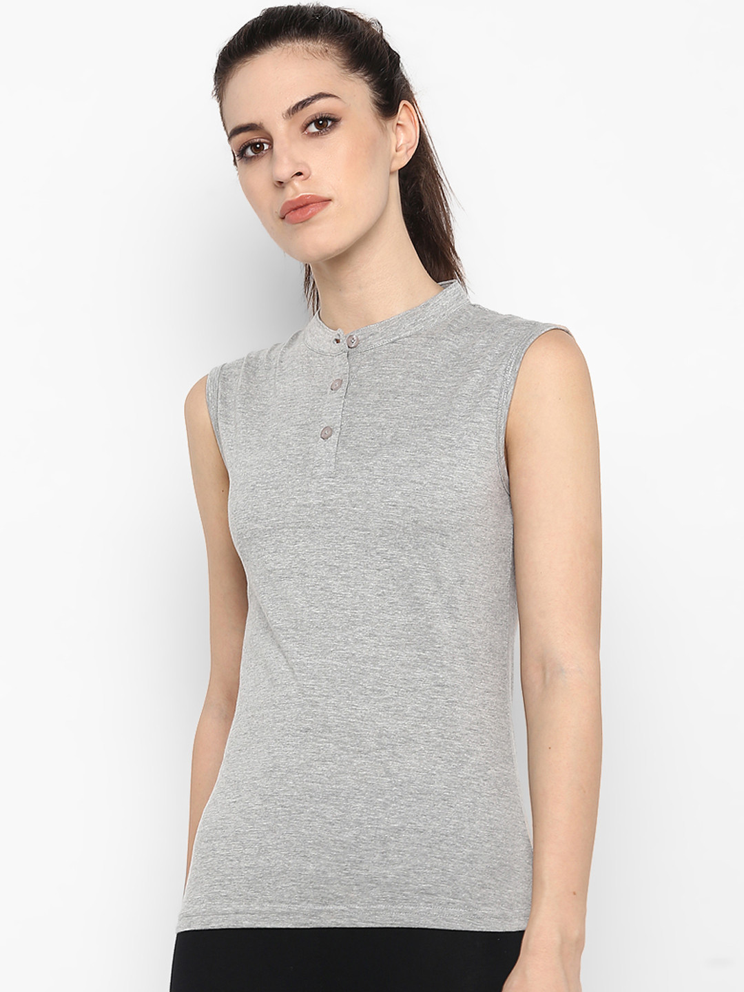 appulse Women Grey Solid Slim Fit Mandarin Collar T-shirt