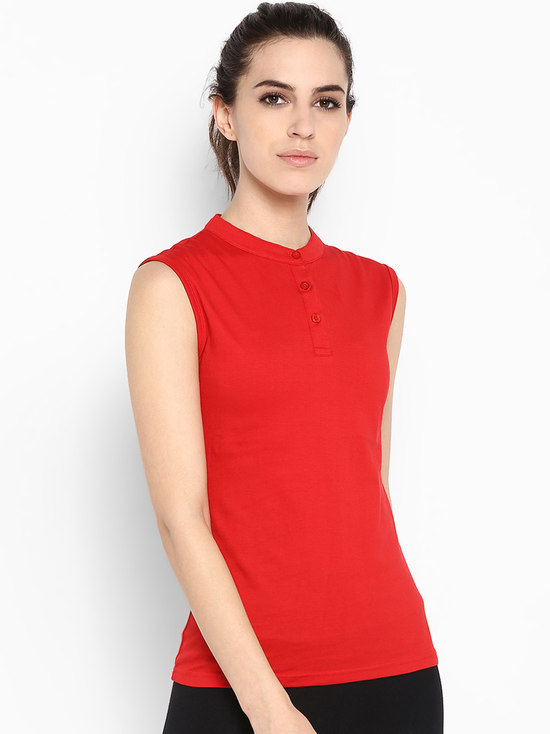 appulse Women Red Solid Slim Fit Mandarin Collar Sports T-shirt