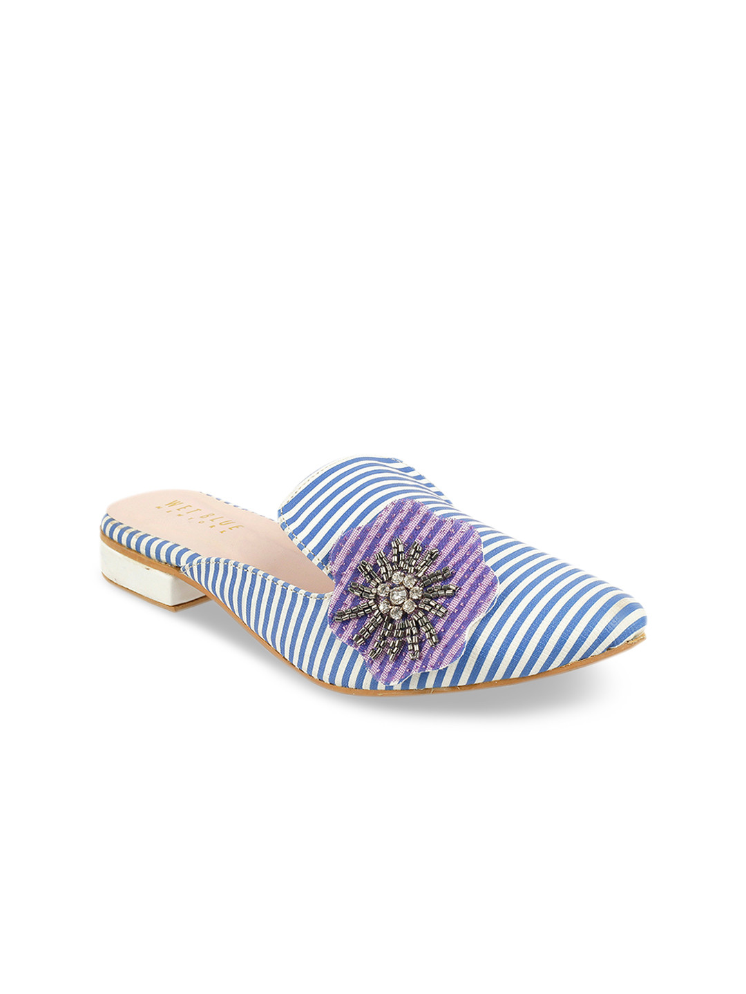 Wet Blue Women Blue & White Striped Mules with Applique Detail