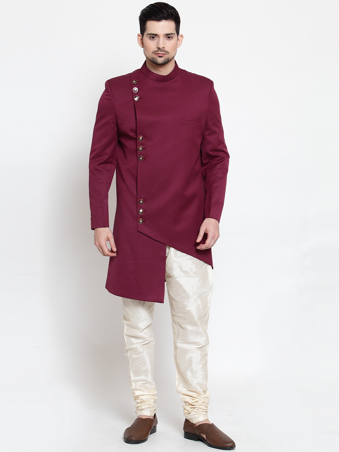 LUXURAZI Men Magenta Slim fit Solid Sherwani with Pyjama