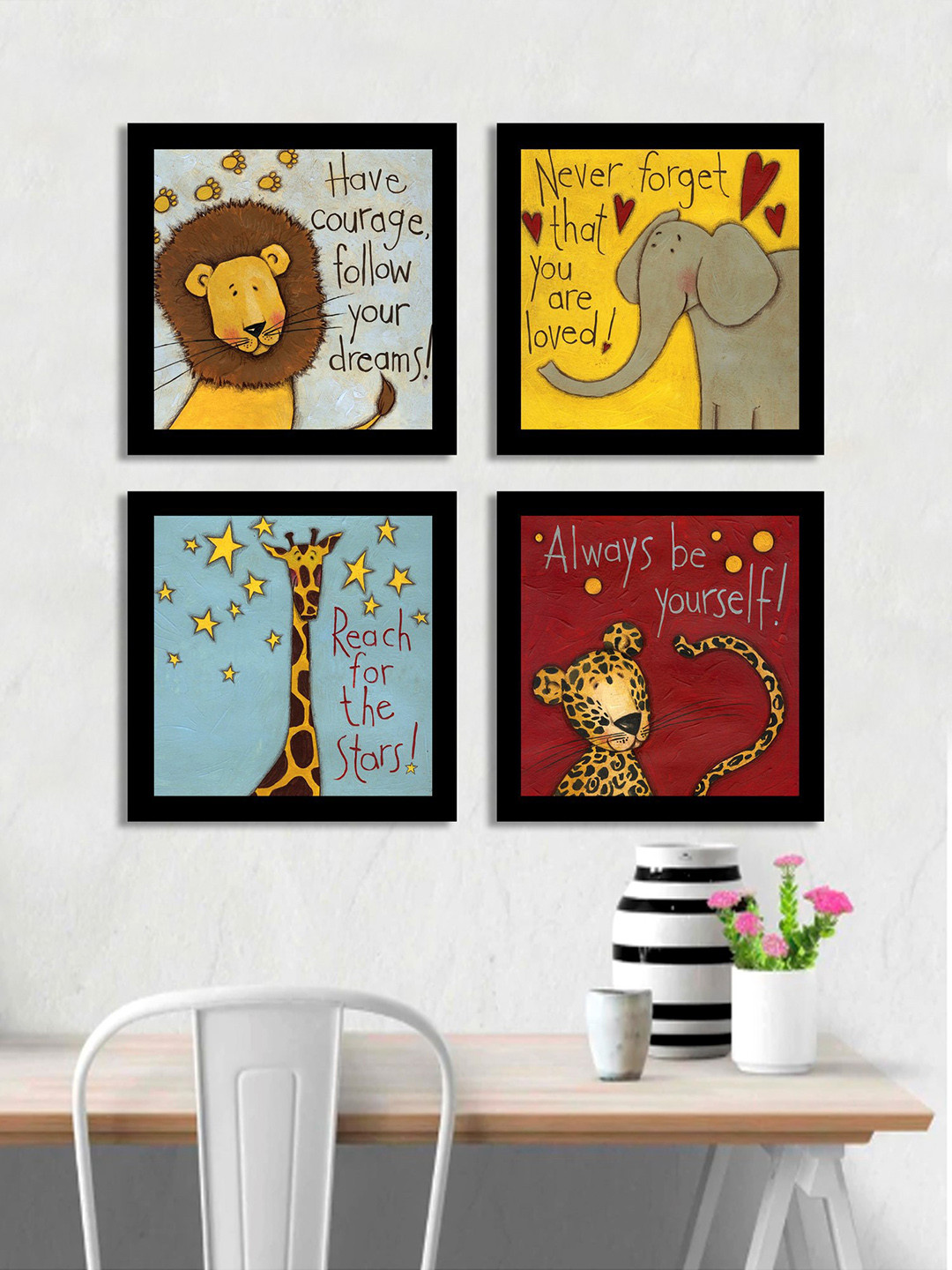 Art Street Set of 4 Multicoloured Animals UV Wall Art With Wooden Frame