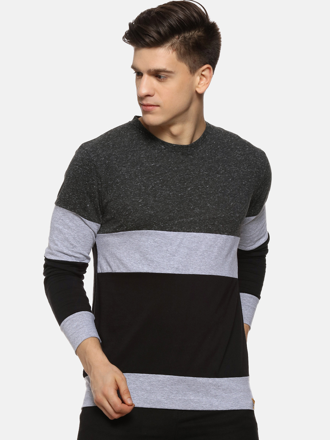 Campus Sutra Grey Striped Round Neck Cotton T-shirt