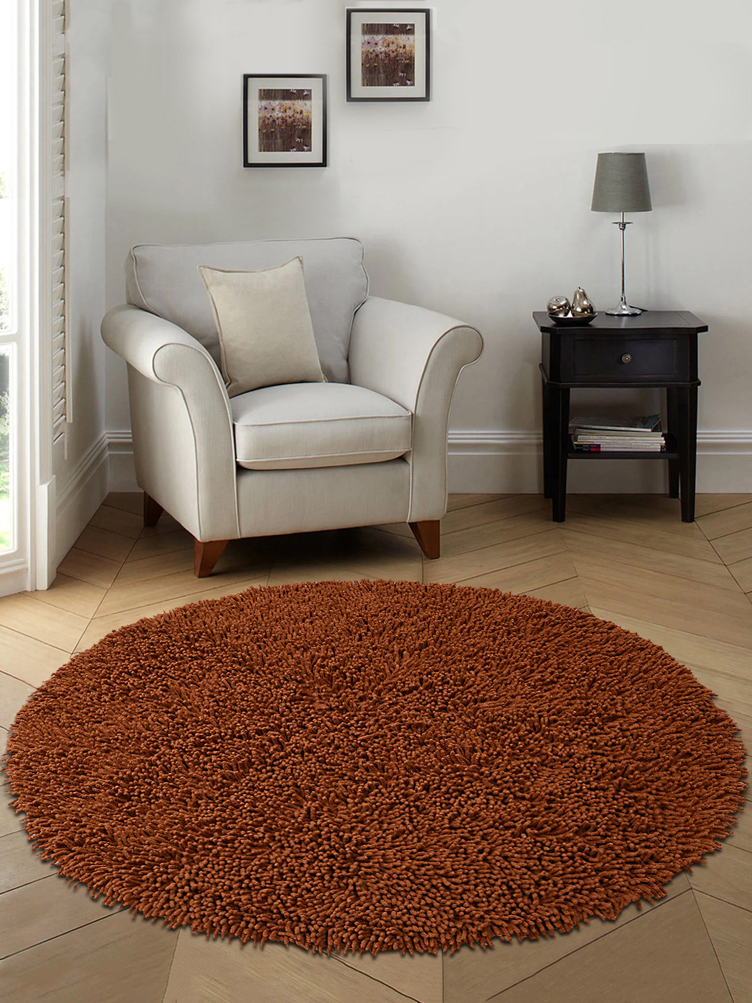 Saral Home Brown Solid Cotton Anti-Skid Shaggy Round Bath Mat