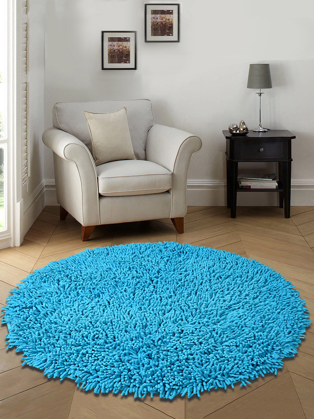 Saral Home Turquoise Blue Solid Cotton Anti-Skid Shaggy Round Bath Mat