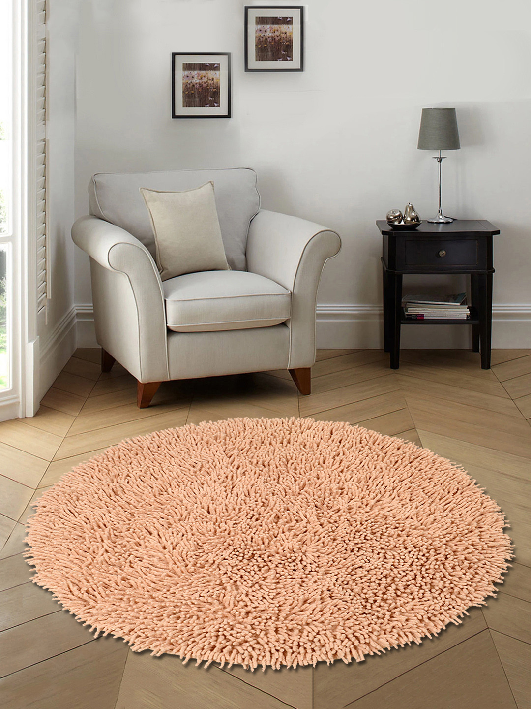 Saral Home Beige Solid Cotton Anti-Skid Shaggy Round Bath Mat