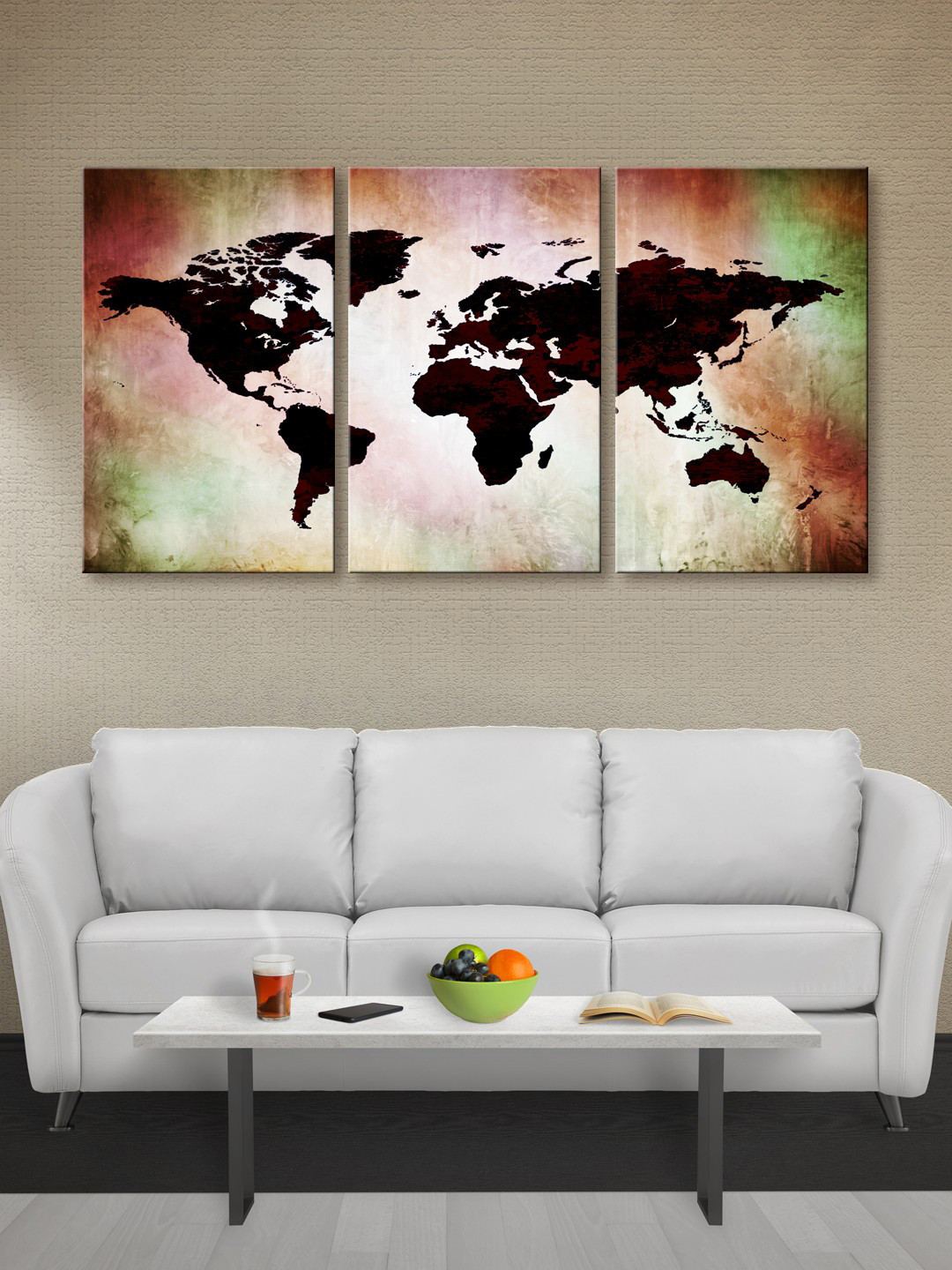 999Store Set of 3 Multicoloured World Map Canvas Wall Art