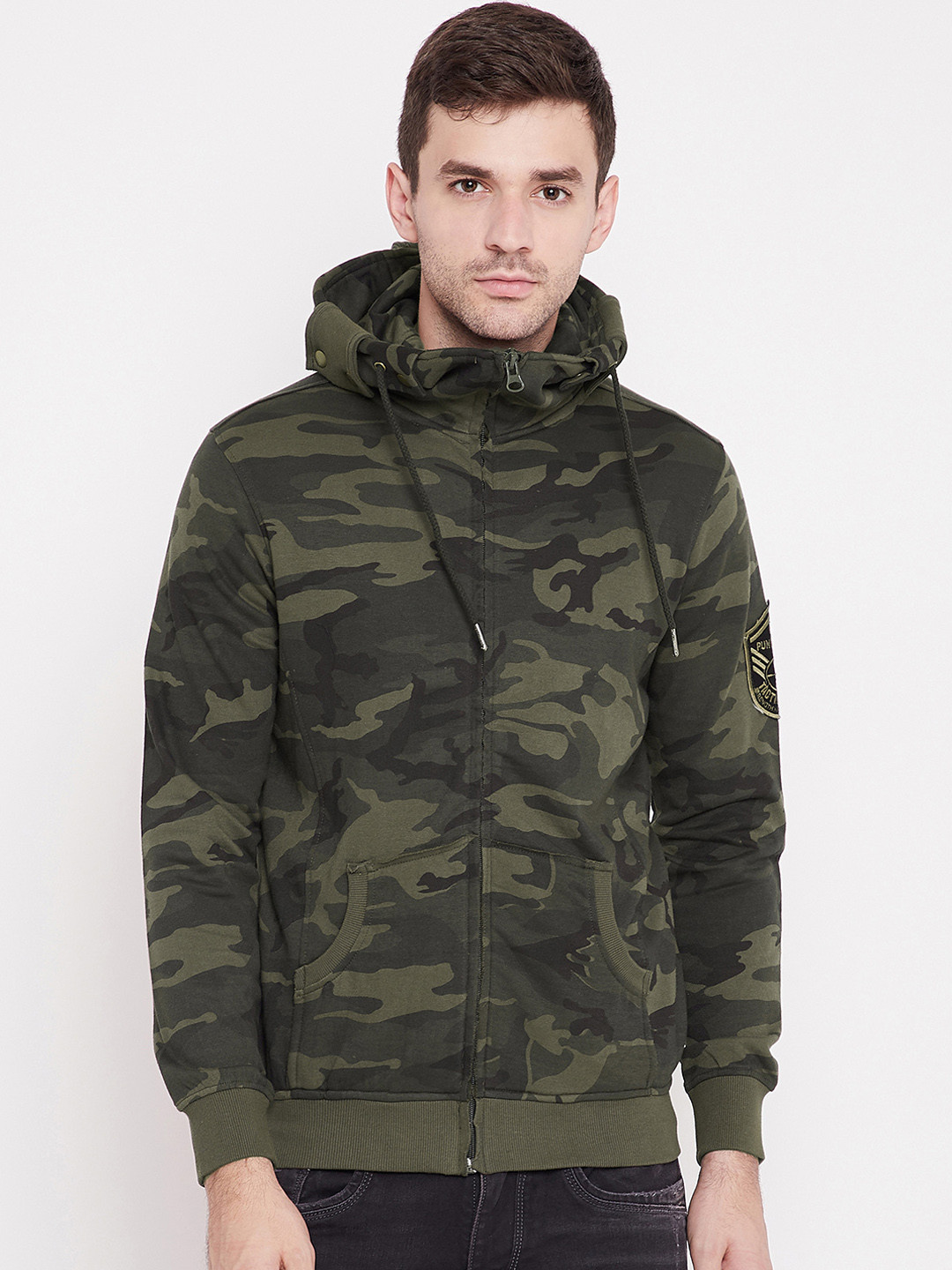 PUNK Men Olive Green & Khaki Printed Hooded Sweatshirt