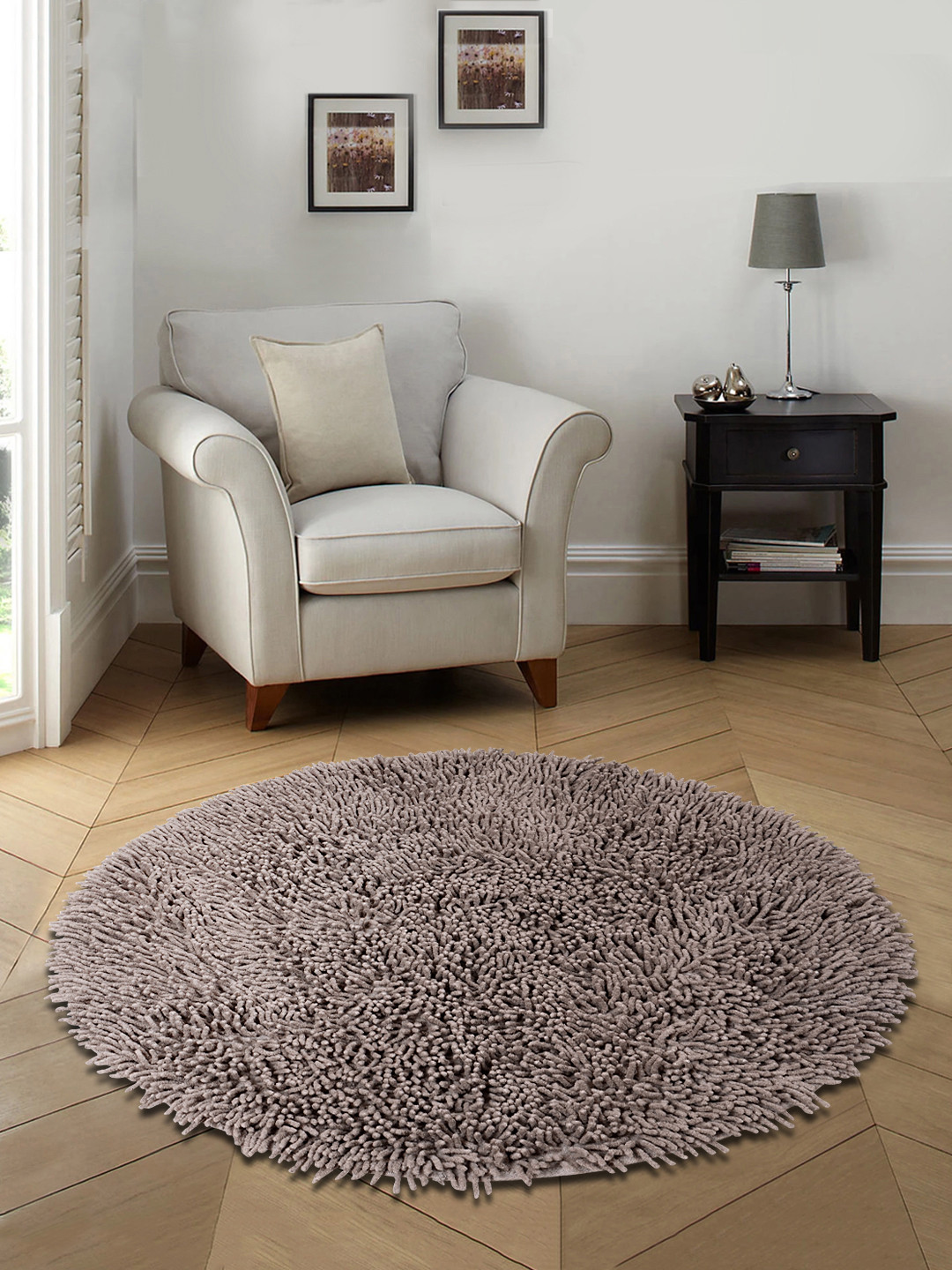 Saral Home Grey Solid Cotton Anti-Skid Shaggy Round Bath Mat