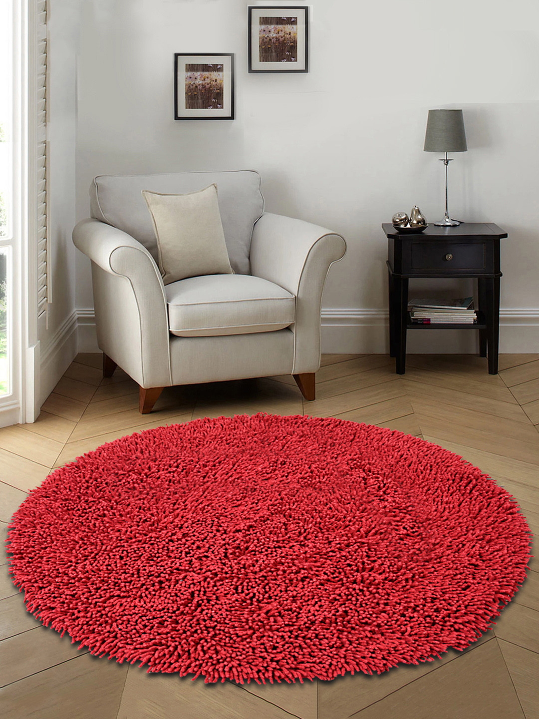 Saral Home Red Solid Cotton Anti-Skid Shaggy Round Bath Mat