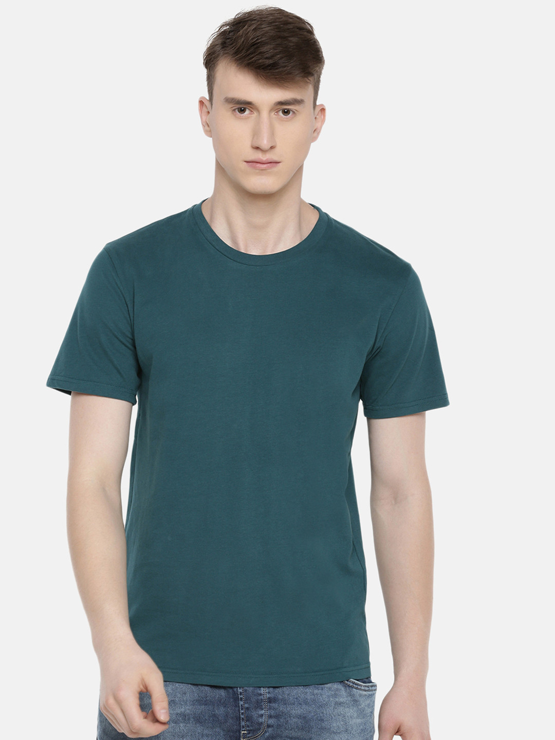 Celio Men Teal Green Solid Round Neck Pure Cotton T-shirt