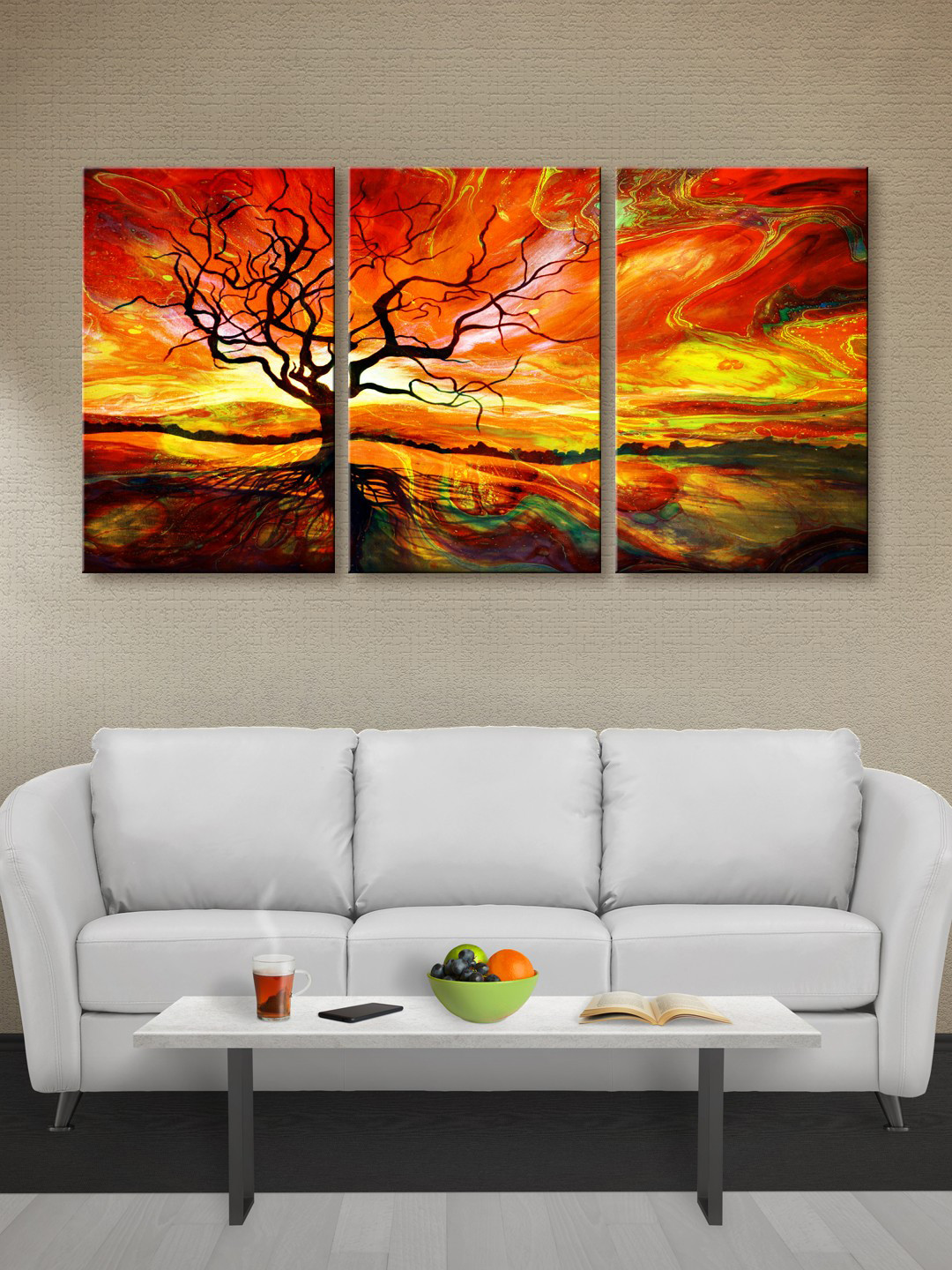 999Store Set Of 3 Brown & Yellow Leaveless Tree Canvas Wall Art