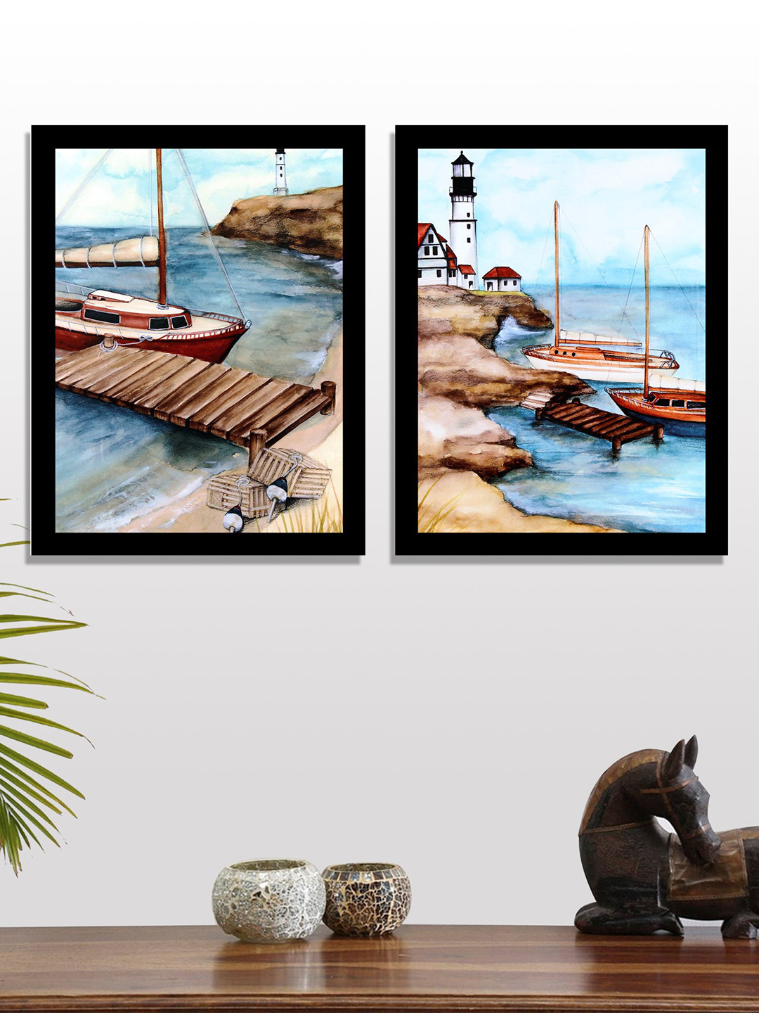 Art Street Set of 2 Blue Ship & Light House UV Wall Art With Wooden Frame