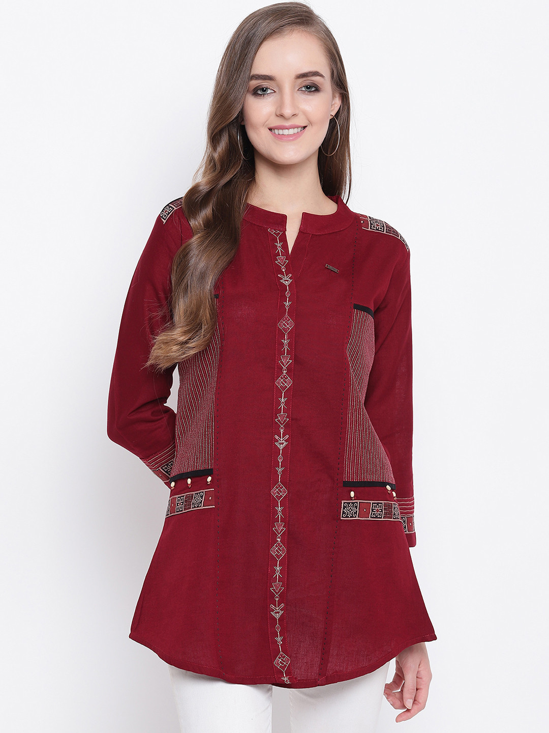Kvsfab Women Maroon Embroidered A-Line Kurti