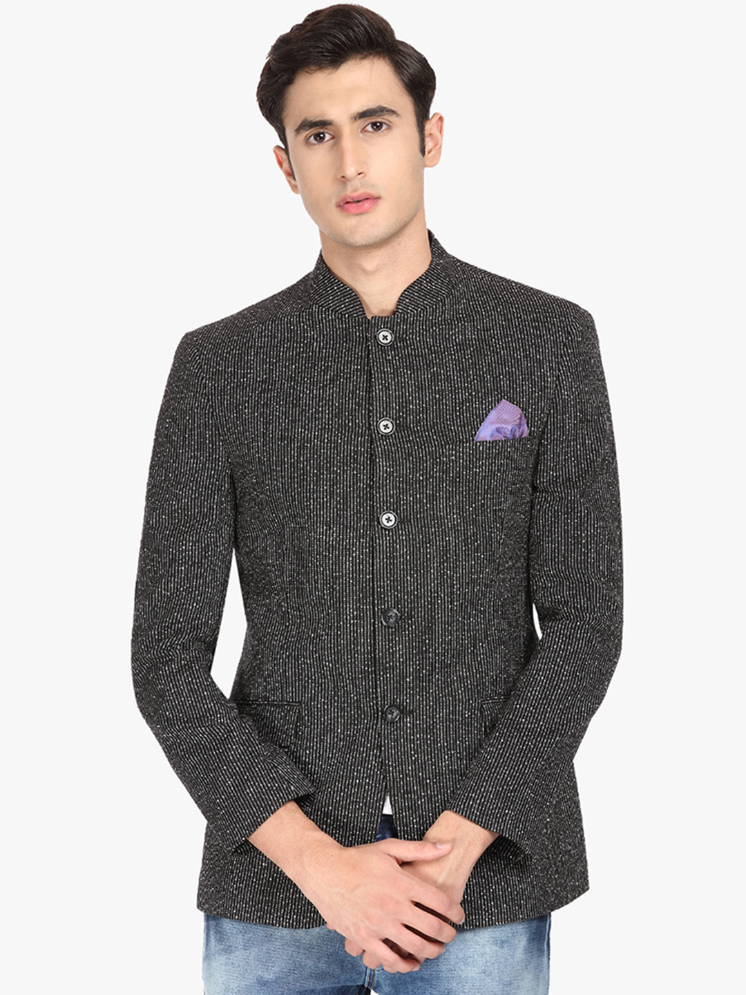 SUITLTD Men Black Self Design Slim-Fit Bandhgala Blazer