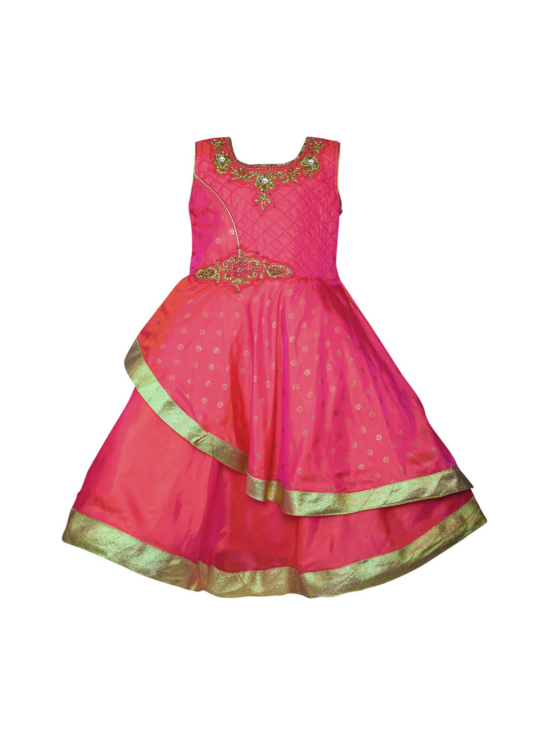 Wish Karo Girls Pink Printed Layered Fit and Flare Silk Dress