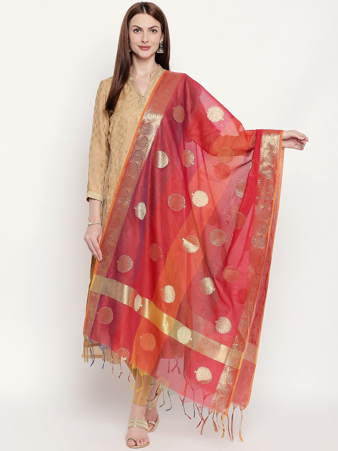 Dupatta Bazaar Red & Orange Banarasi Woven Design Dupatta