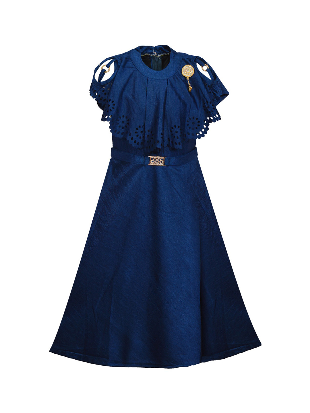 Wish Karo Girls Navy Blue Solid Maxi Silk Dress