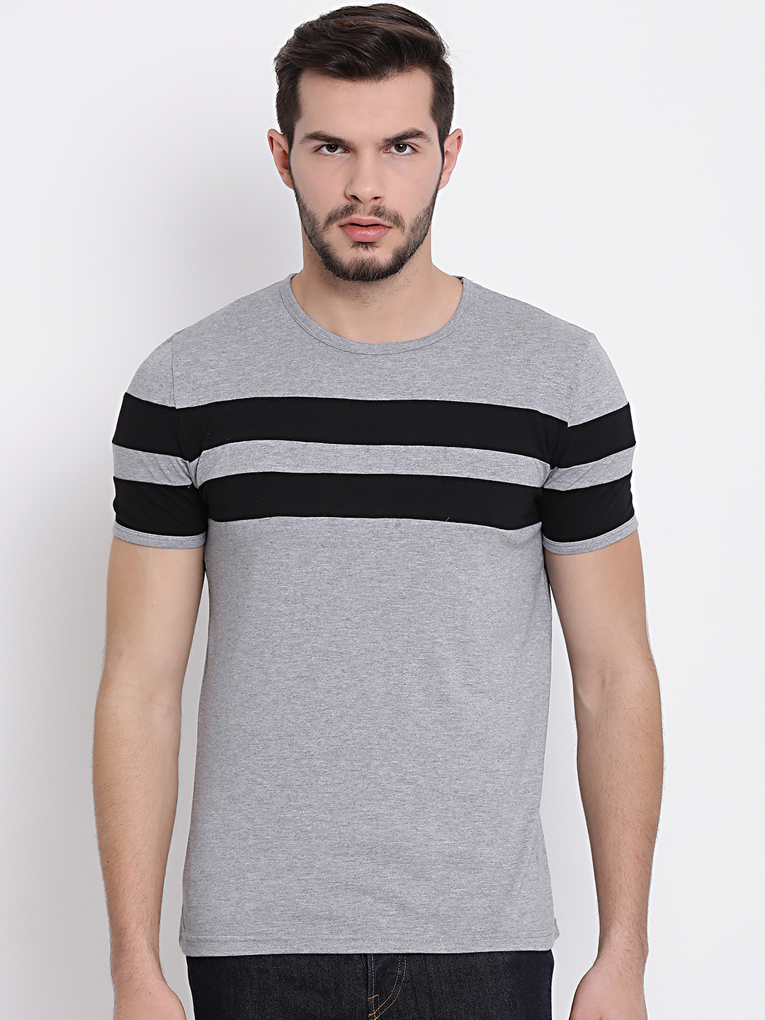 MACK JONNEY Men Grey Striped Round Neck T-shirt