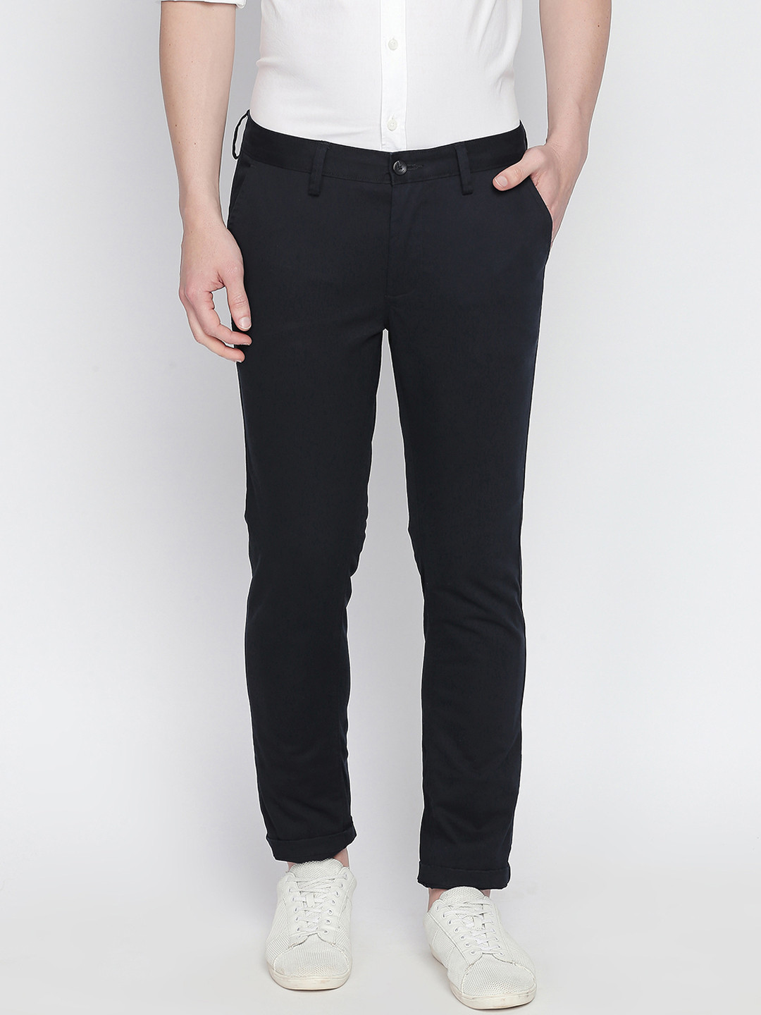 Basics Men Navy Blue Tapered Fit Solid Regular Trousers
