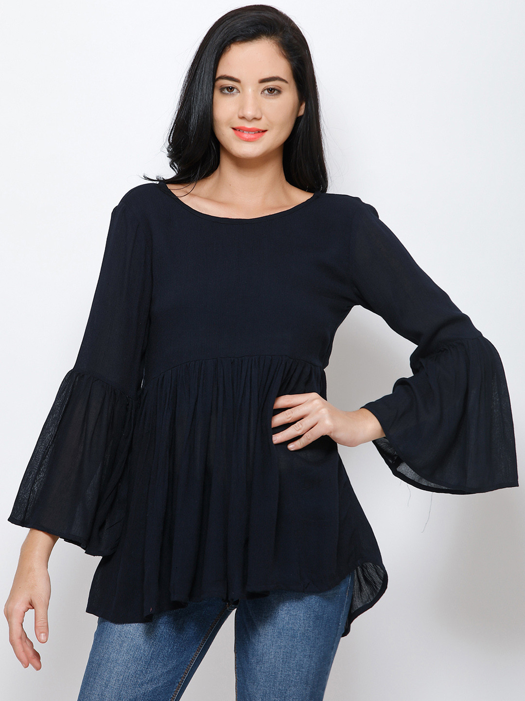 Cation Women Navy Blue Solid A-Line Top