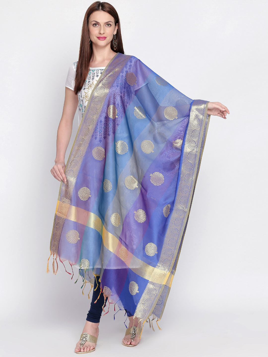 Dupatta Bazaar Blue & Gold-Toned Woven Design Dupatta