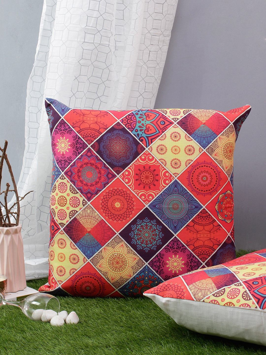Soumya Abstract Ethnic Motifs Polyester Silk HD Digital 2 Pcs Cushion Covers -24x24In