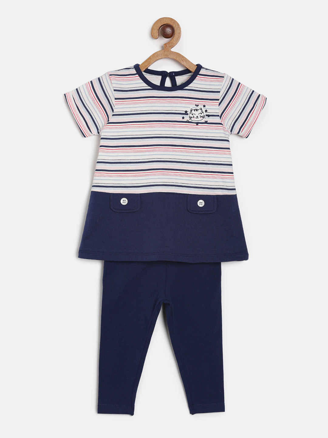 MINI KLUB Girls Navy Blue & Off-White Striped Top with Leggings