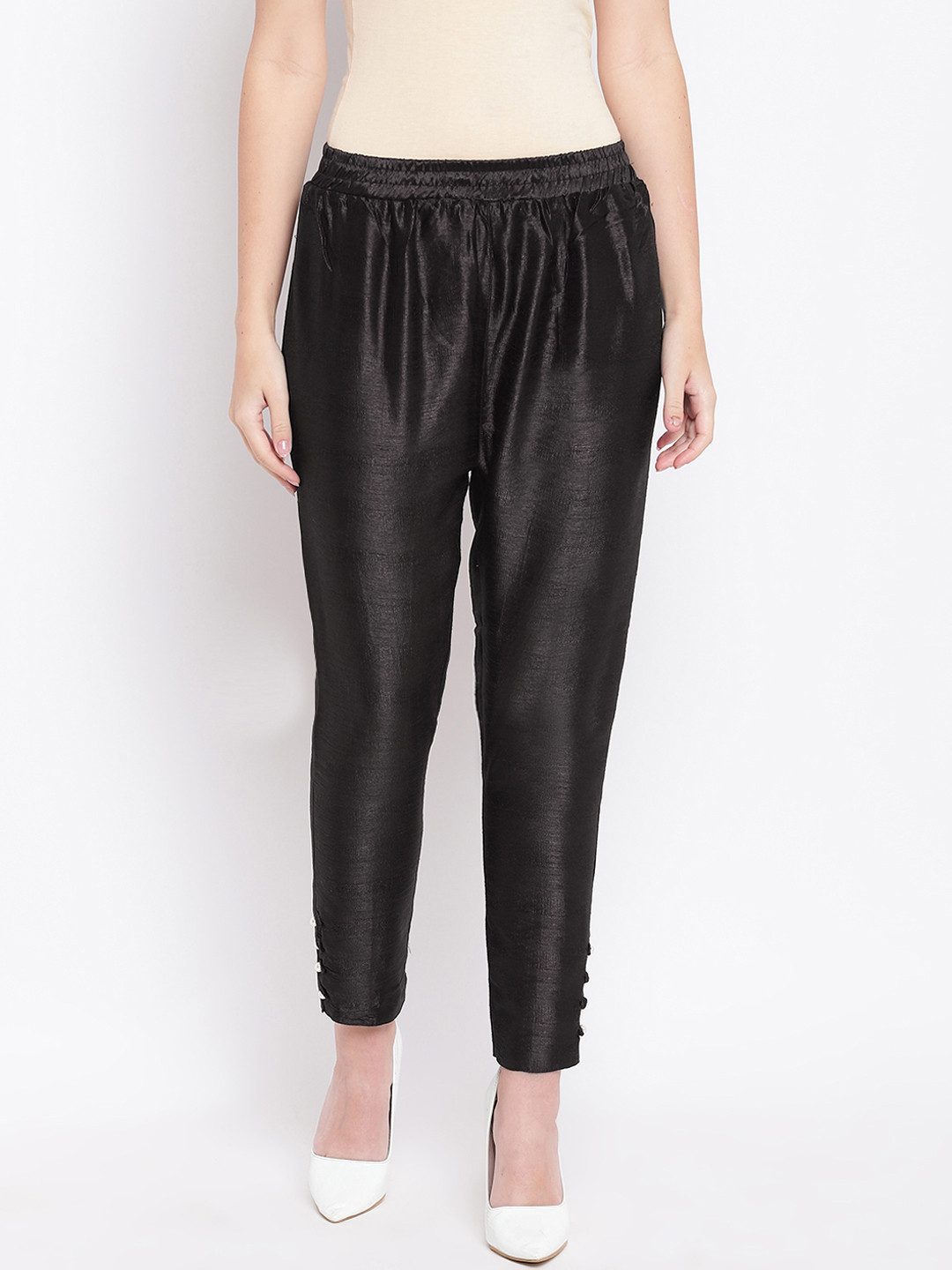 RIVI Women Black Relaxed Regular Fit Solid Silk Cigarette Trousers