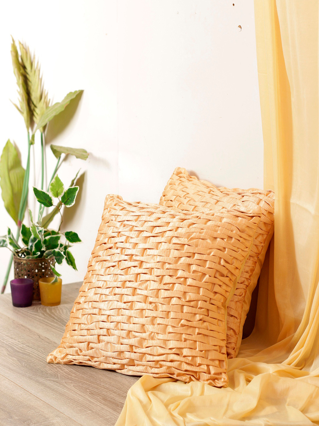 ROMEE Set of 2 Peach-Coloured Self Design Square Cushion Covers