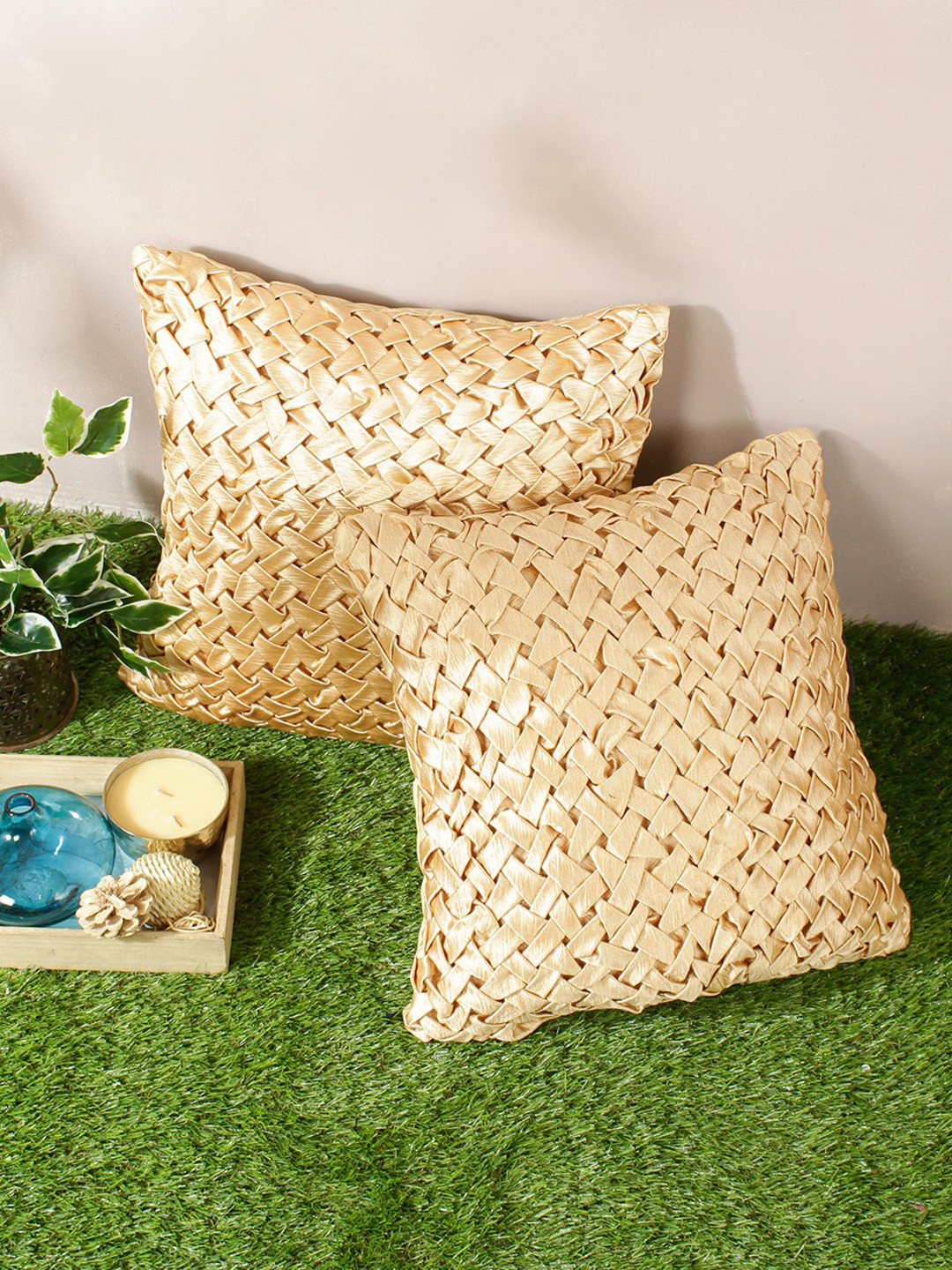 ROMEE Beige Geometric Polyester Washable 2 Pcs Square Cushion Covers - 15.7 x 15.7 In