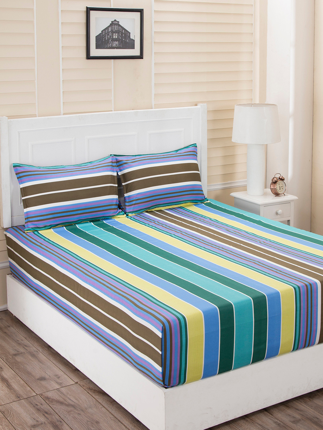In-House by maspar Veil Bloom Blue Striped Cotton 210 TC Queen Superfine Bedsheet with 2 Pillow Covers-224 x 275 cm