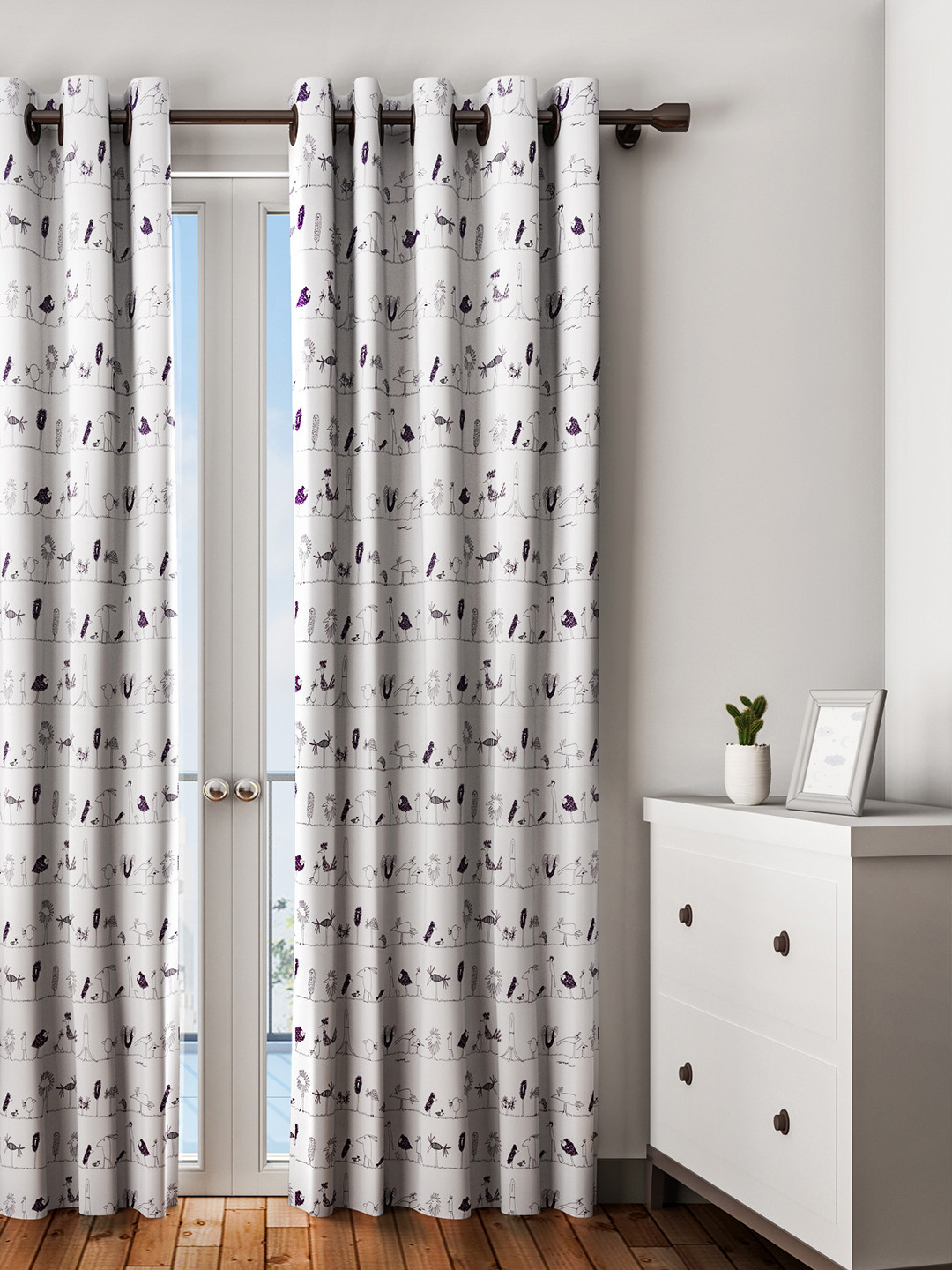 URBAN DREAM White & Purple Set of Single Long Door Curtains