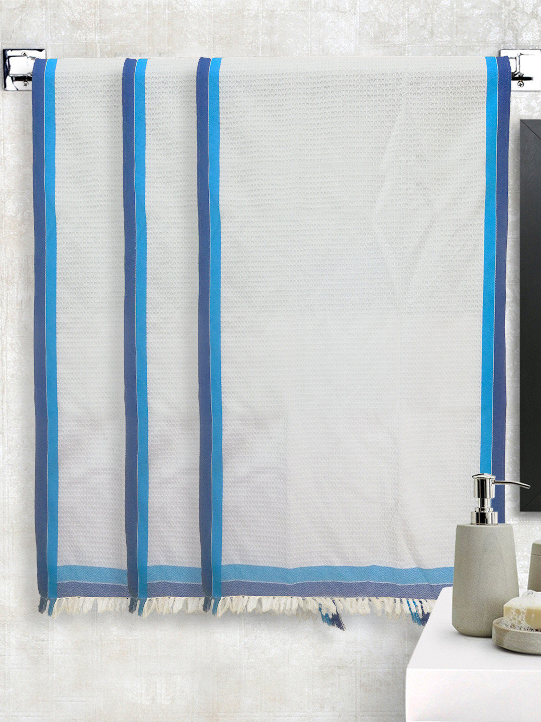 Athom Trendz Set of 3 White & Blue Solid Bath Towels