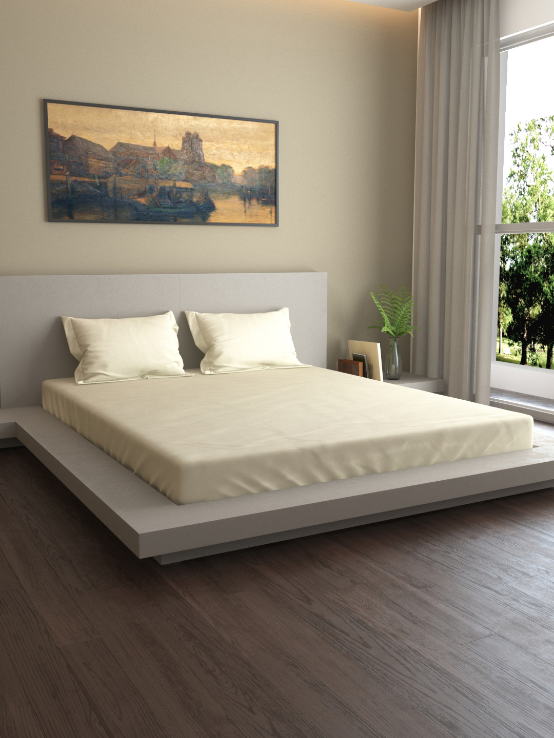 MARK HOME Cream Solid Cotton 400 TC King Bedsheet with 2 Pillow Covers-153 x 230 cm