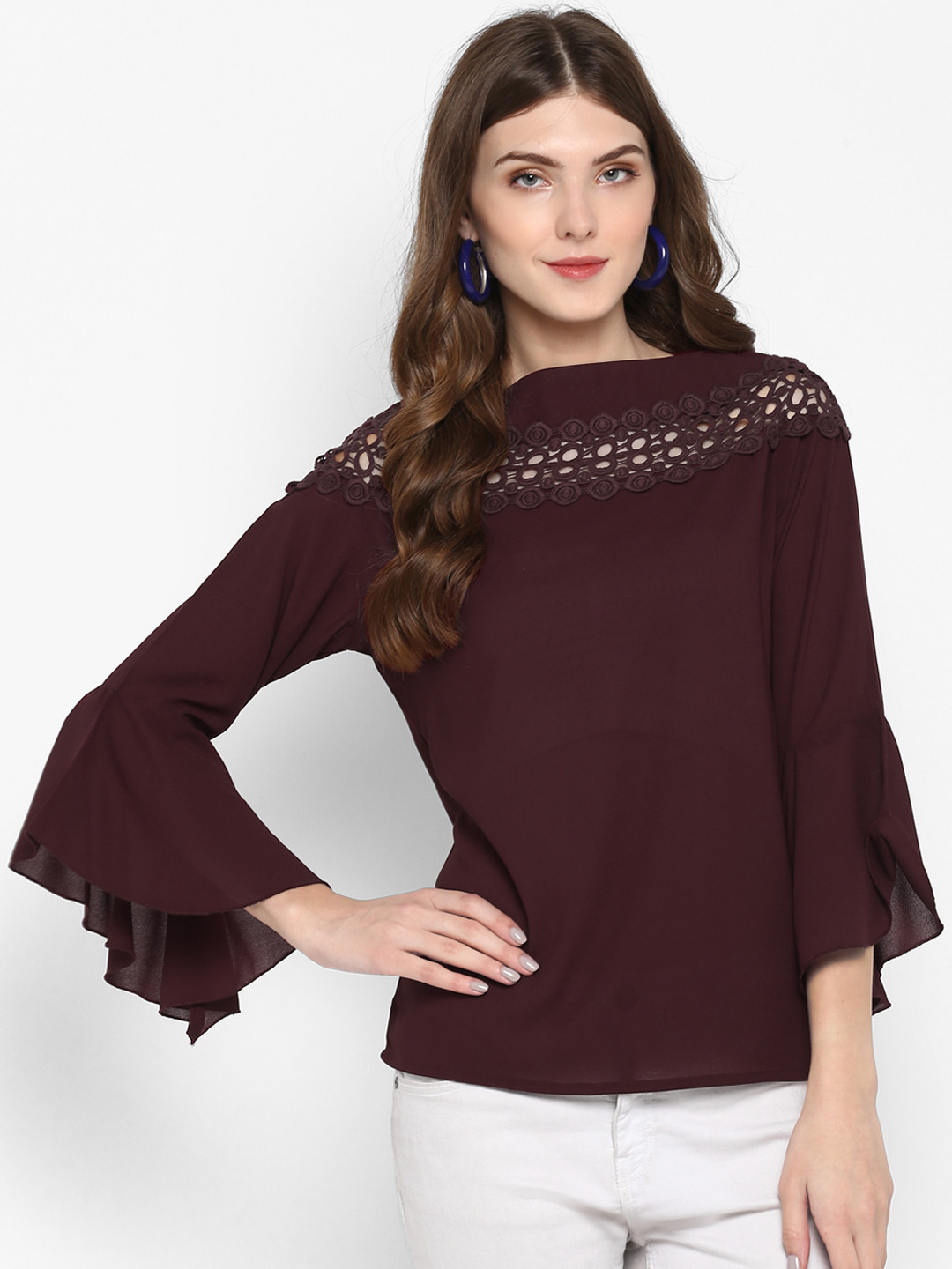 Indietoga Women Maroon Self Design A-Line Top